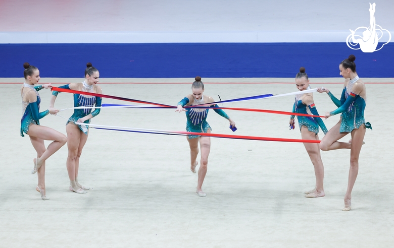 Group exercise gymnasts during the ribbon exercise
