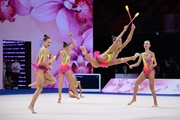 Group team gymnasts from the Omsk region during their clubs routine