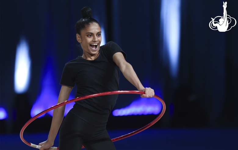 Sanyukta Kale during an exercise with a hoop at floor testing