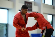 Winner of the Russian Sambo Championship Alexander-Shain Kvachantiradze during training at the Martial Arts Academy