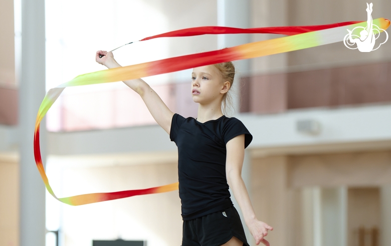 Kristina Voitenko during an exercise with a ribbon