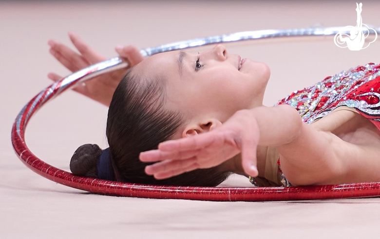 Valeria Medvedeva during an exercise with a hoop at the control training session