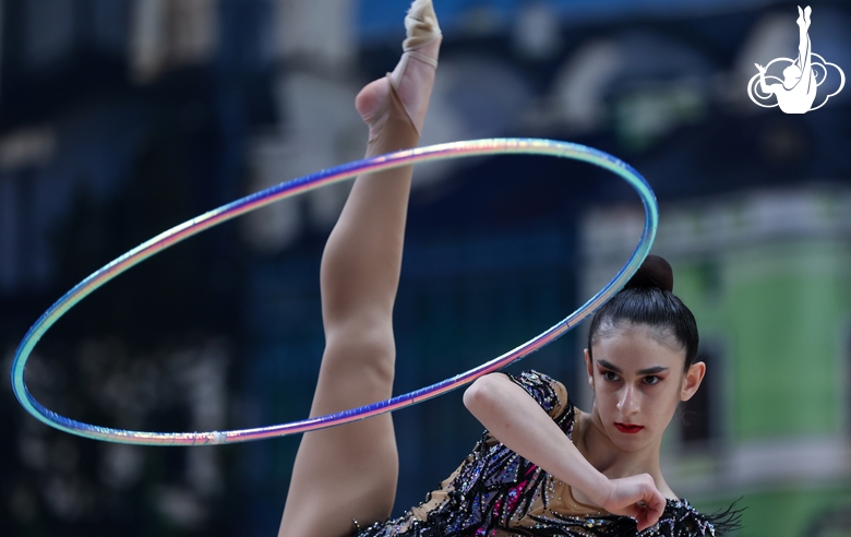 A gymnast during the hoop exercise