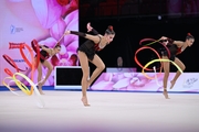 Group team gymnasts from Moscow during their ribbon routine