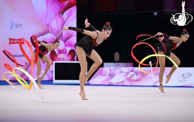 Group team gymnasts from Moscow during their ribbon routine
