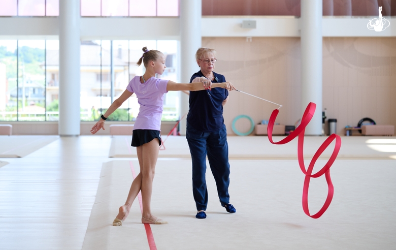Group team gymnasts during a class with the honored coach of Russia Veronika Shatkova