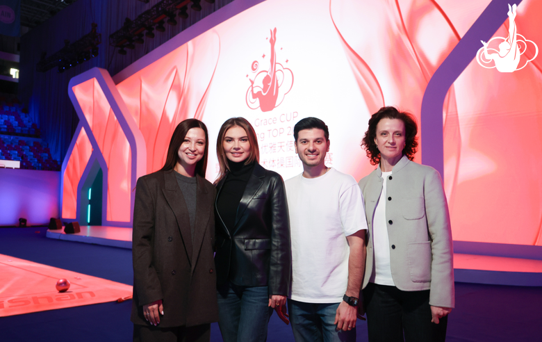 Silver medalist of the Olympics Yana Batyrshina, Olympic champion Alina Kabaeva, two-time European champion in artistic gymnastics Emin Garibov and Honored Coach of Russia Marina Govorova at the competitions in Beijing