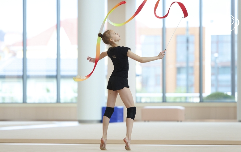 Kristina Voitenko during an exercise with a ribbon