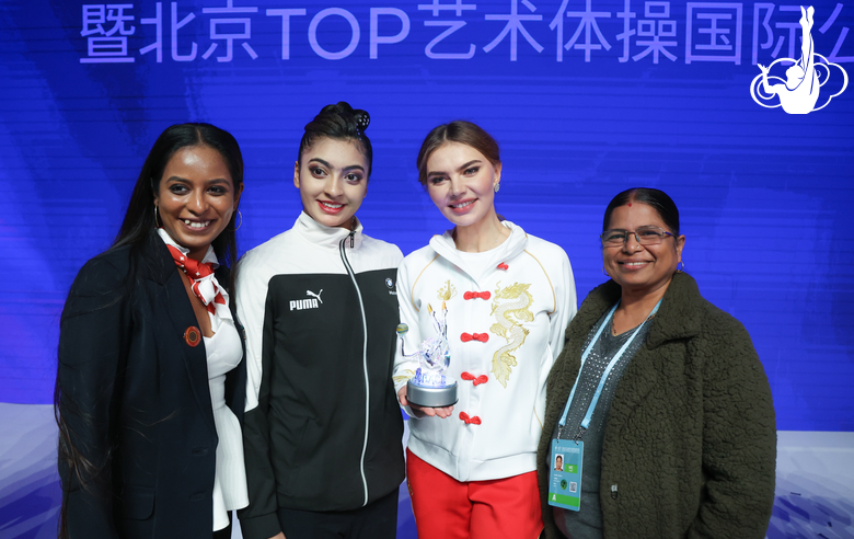 November 17, 2025. Olympic champion Alina Kabaeva with judge, gymnast and coach from India at the Sky Grace Cup International Tournament and Beijing Top Open 2025