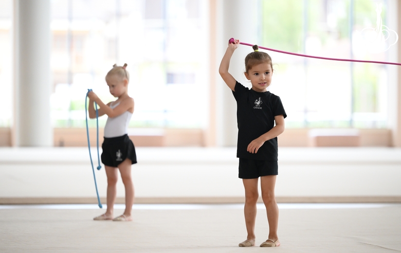 Young gymnasts during training
