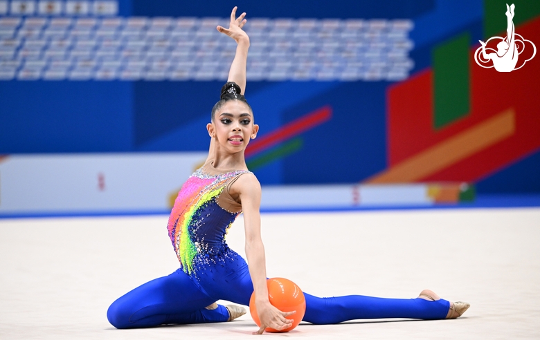 Lamia Tariq Malallah during an exercise with a ball