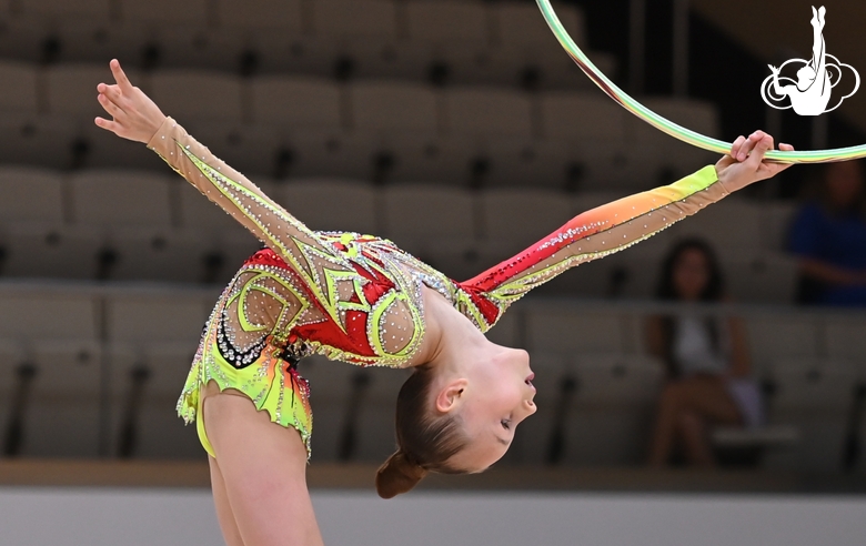 Yana Zaikina during an exercise with a hoop at the assessment training session.