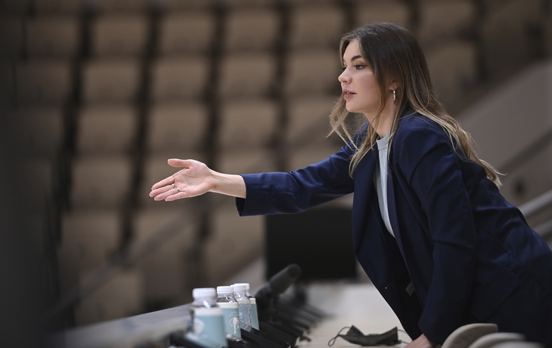 April 7, 2024.  Olympic champion Alina Kabaeva evaluates the gymnasts' performances during control training at the Academy