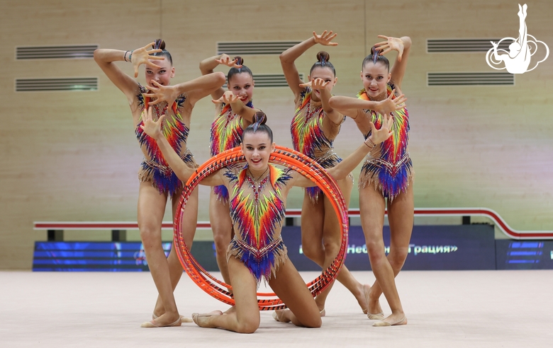 Gymnasts during an exercise with hoops