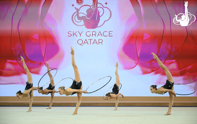 The group exercise gymnasts from Nizhniy Novgorod during the hoop exercise