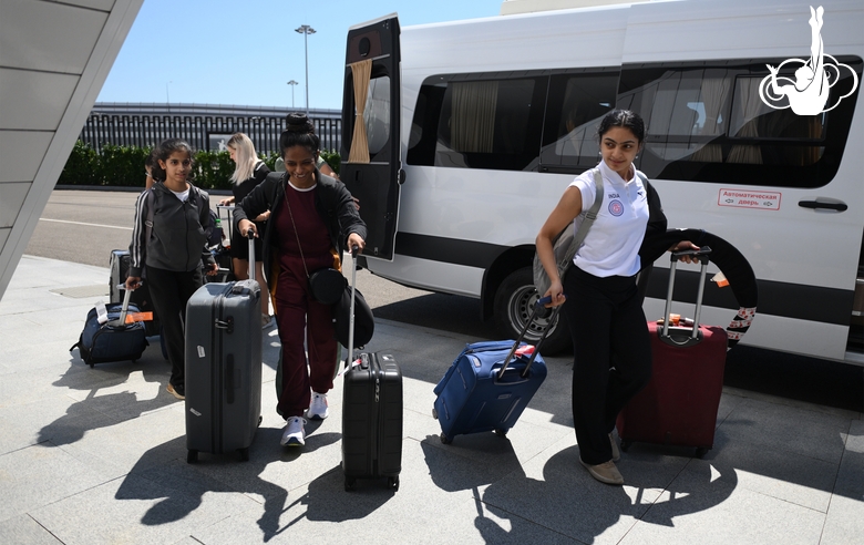 Indian gymnasts and coach Pooja Surve during their visit to the Academy