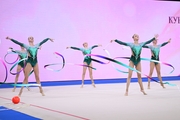 Group team gymnasts from the Russian national team during an exercise with ribbons