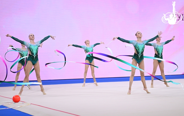 Group team gymnasts from the Russian national team during an exercise with ribbons