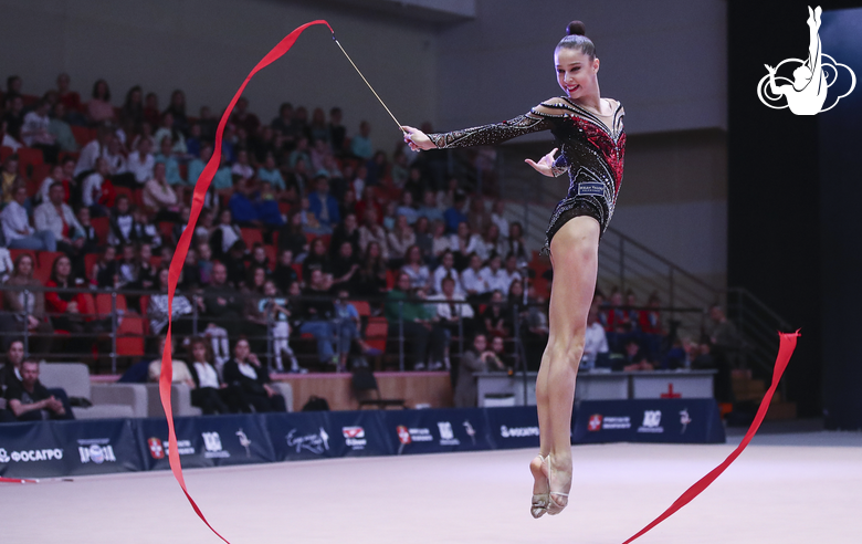 Nikole Keuliak (Belarus) in the exercise with a ribbon at the EVGENIYA CUP tournament