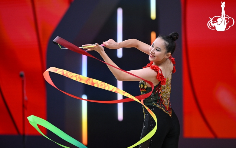 A gymnast during the ribbon exercise