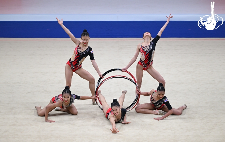 Group exercise gymnasts during the hoops exercise