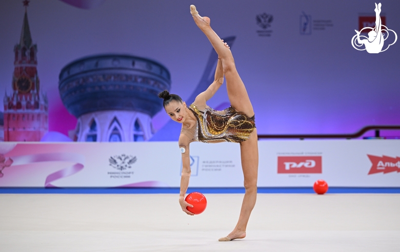 Mariia Borisova during an exercise with a ball