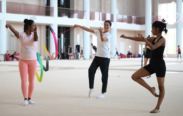 Coaches Pooja Surve, Elizaveta Chernova and Avani Nitesh Kadam during training