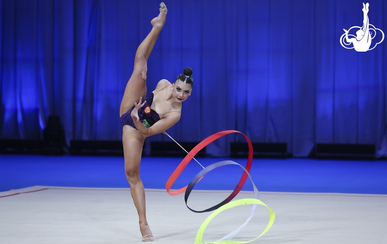 Lala Kramarenko during an exercise with a ribbon