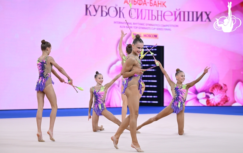 Group team gymnasts from the Novosibirsk Region during the clubs routine