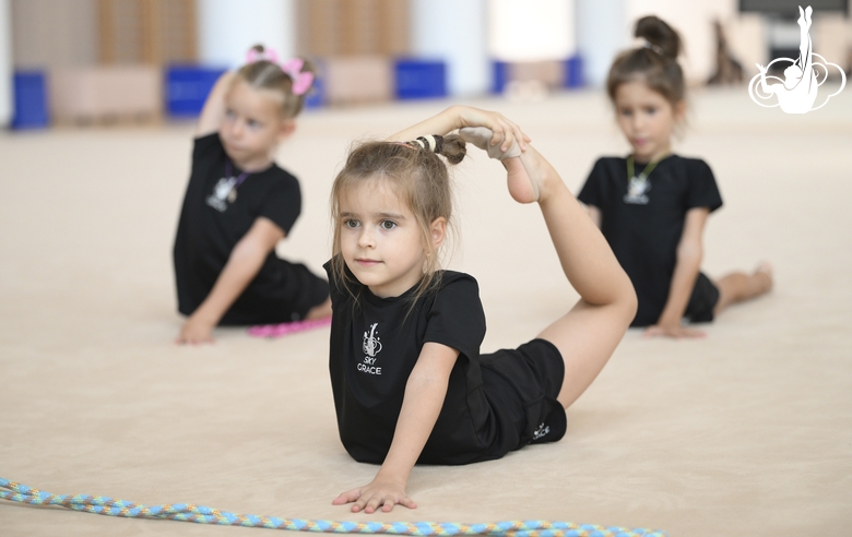 Young gymnasts during training