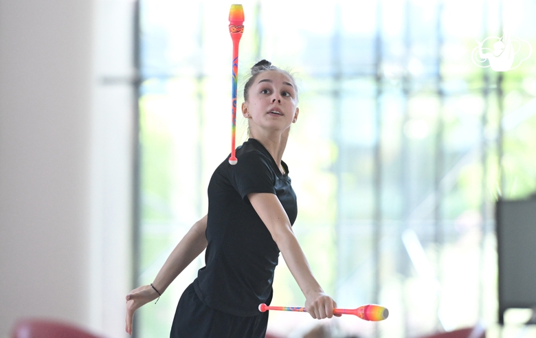 Mariia Borisova  during an exercise with clubs during preparation training for the BRICS Games