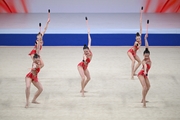 Group exercise gymnasts during the exercise with clubs