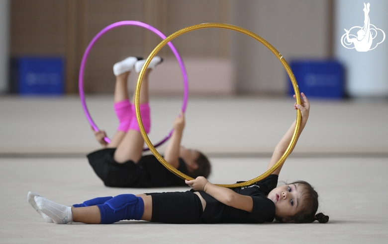 Young gymnasts during training