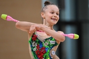 Yana Zaikina during an exercise with clubs  during a control training session