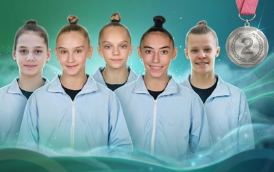 The Russian national group team won a silver medal in the exercise with three hoops and two pairs of clubs at the European Championships.