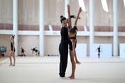 Coach Ulyana Trofimova and gymnast Alexandra Kiryushina during the recovery camp at the Academy