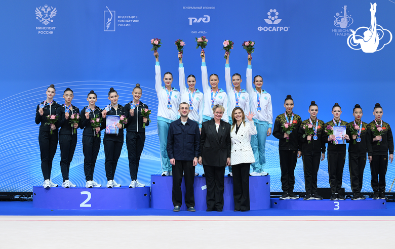 March 16, 2026. Olympic champion Alina Kabaeva, Vice-Governor of St. Petersburg Boris Piotrovsky and chief judge of the tournament, member of the technical committee of the World Gymnastics Natalia Bulanova during the group teams award ceremony
