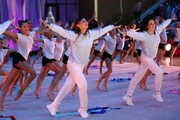 Olympic champions Alina Kabaeva and Yulia Barsukova (right) at the Sky Grace tournament flash mob