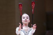 Gymnast during an exercise with clubs at an assessment training session