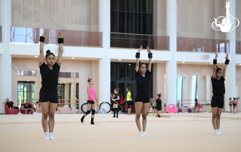 Gymnasts Kimaya Karle, Aryaa and Avani Nitesh Kadam during training at the Academy