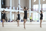 Gymnasts from Belgorod during an exercise with clubs