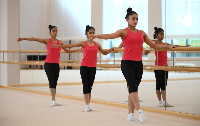 Gymnasts Avani, Aryaa Nitesh Kadam and Kimaya Karle during choreography