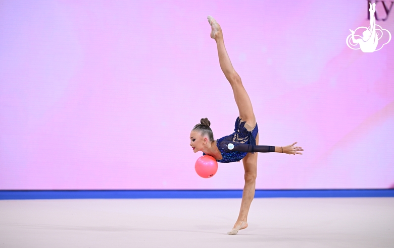 Karolina Pakhtusova during an exercise with a ball