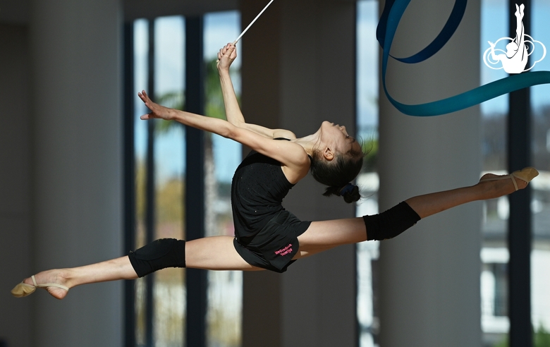 Valeria Medvedeva during an exercise with a ribbon