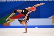 Ksenia Savinova during an exercise with a ball  at floor testing ahead of the BRICS Games