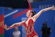 A gymnast during the hoop exercise