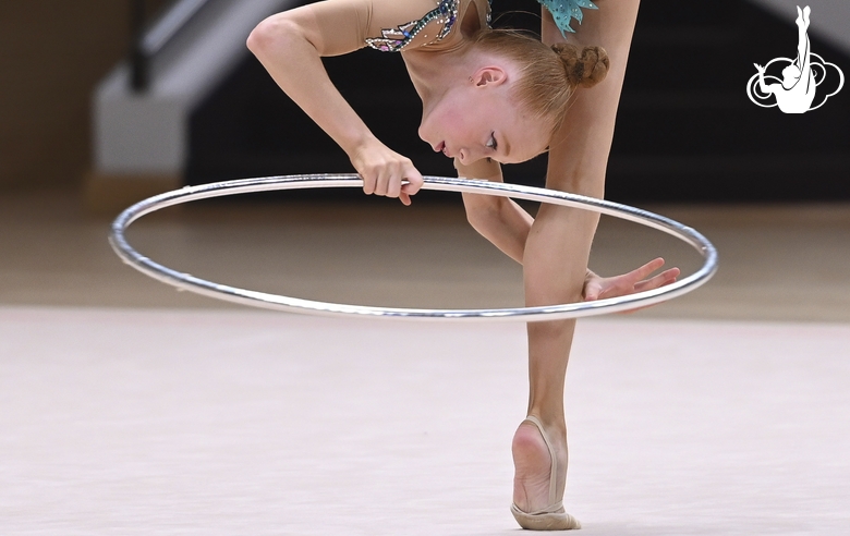 Olga Chernykh during an exercise with a hoop at the control training session