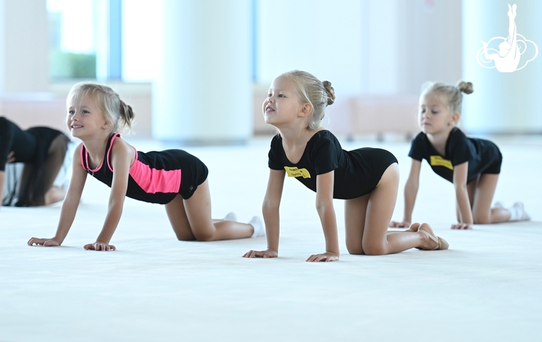 Young gymnasts during training