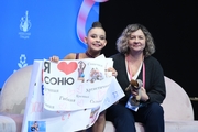 Sofia Ilteryakova with coach Natalia Glemba after an exercise with a ball