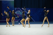Group gymnasts during an exercise with balls